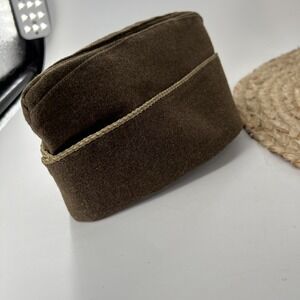 Vintage US Army Garrison Cap Wool Quartermaster Green Brown Gold Piping Military